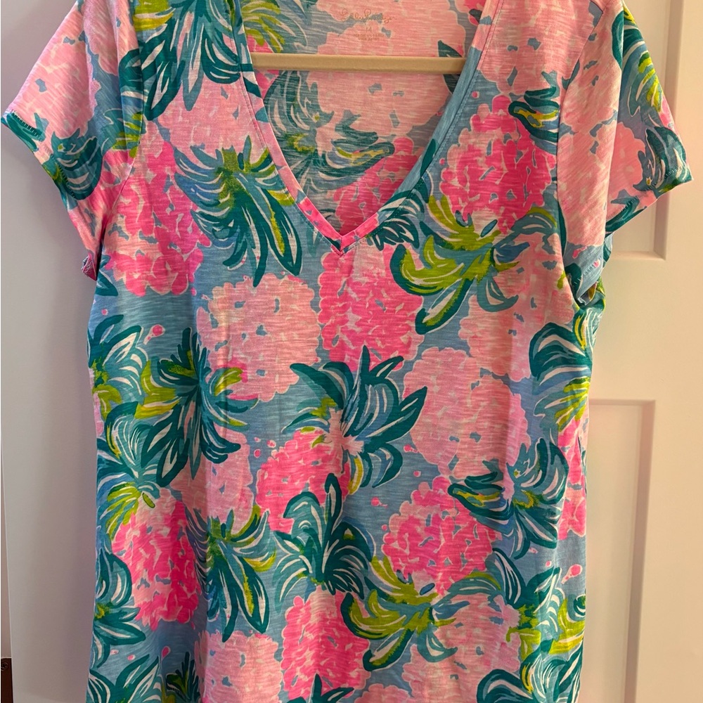 Lilly Pulitzer Pink, Blue & Green Pineapple print V-Neck Tee